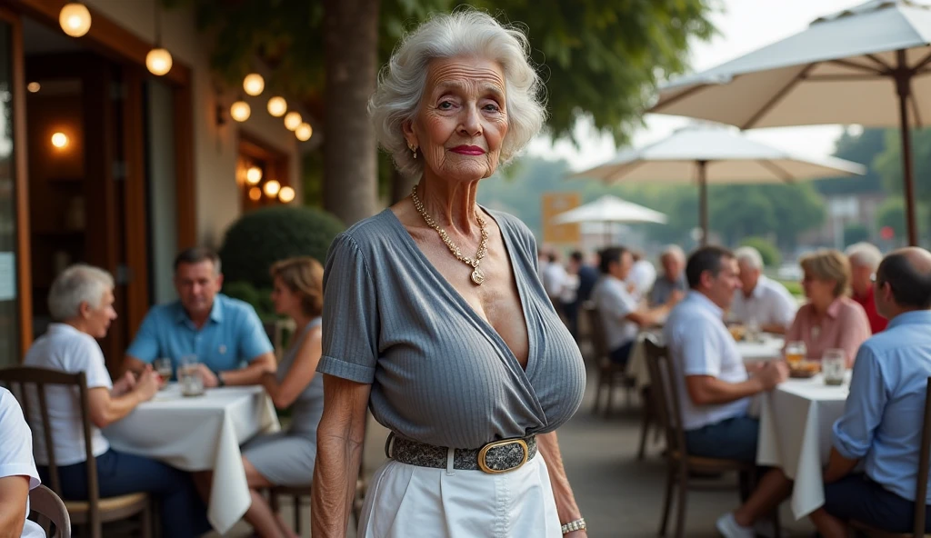 (Gorgeous and Glamour woman 70yo with gigantic breast running in the city, she's a lawyer, (vibrant white elegant chiffon blouse with a deep neckline:1.4), red lips, (((saggy busty breast))), (black skirt), generous cleavage, realistic photography, (((distant from camera)))