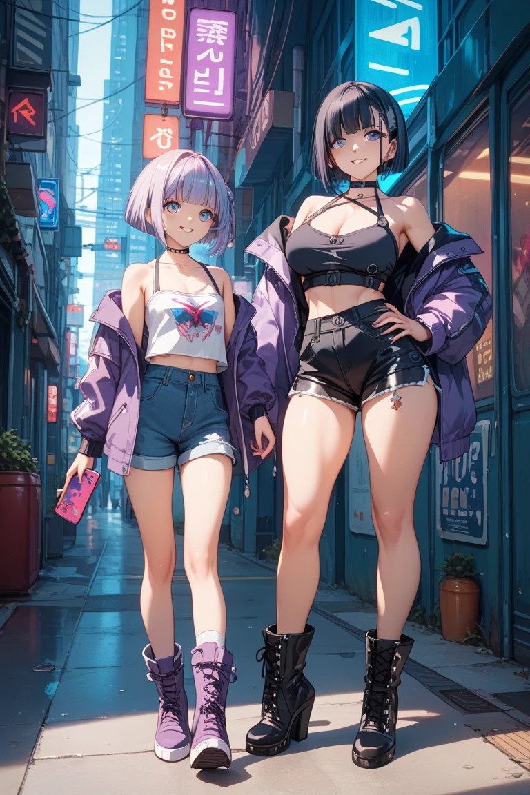 A sexy anime girl with headphones, glowing skin, and beautiful cleavage walking down a bustling street in Tokyo at night. The street is lined with neon lights, food stalls, and people from all walks of life.