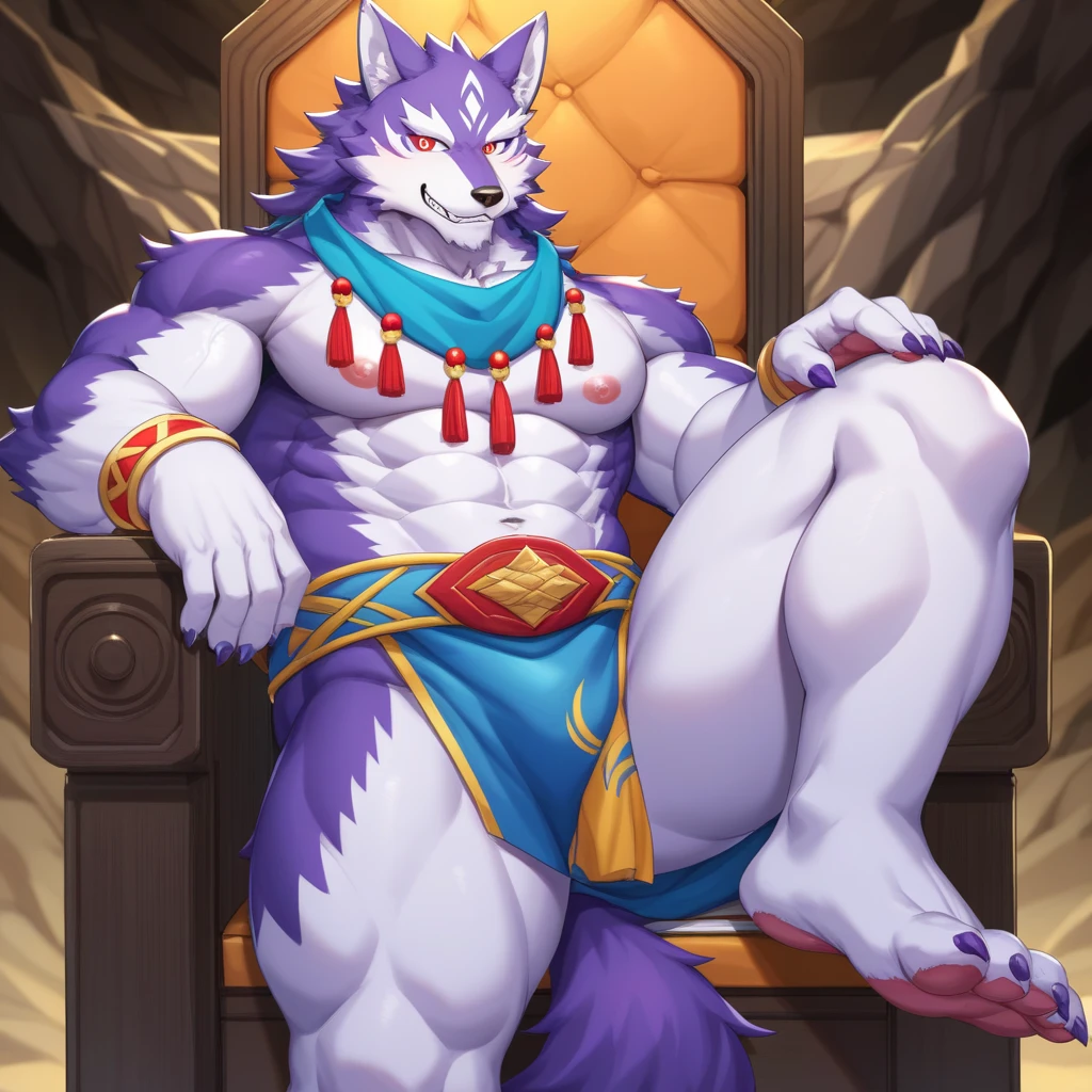((best quality)), ((masterpiece)), (ultra detailed), perfect face,(sharp eyes),sharp focus,japanese anime,manga,(artist: jacketbear,lindong, null-ghost, dangpa, gamma_g, kulplant), (male antro wolf):2.0,((deep indigo fur)), ((white belly)), vertical white on forehead, (sharp eye,ultra-detailed eyes), exquisite eyes, ((blue:0.1) eyes), ((wearing yellow loincloth):0.7, tribal clothing, with blue pattern):0.8,muscular male,sexy body, reflection, (Great physique),strong arms man,middle-age, strong, (((sfw:1.5))), ((abs, strong muscle, 8 pack)),(bulge), shirtless, claw, pink nipples, white fluffy chest hair,wearing random pattern necklace, (indigo wolf tail, long fluffy tail), handsome, majestic, Delicate canine teeth, hairy, male, (full body), anime, (sitting in the garden), planted full of trees, trees hanging with various ripped fruits, table full of fuits, days 