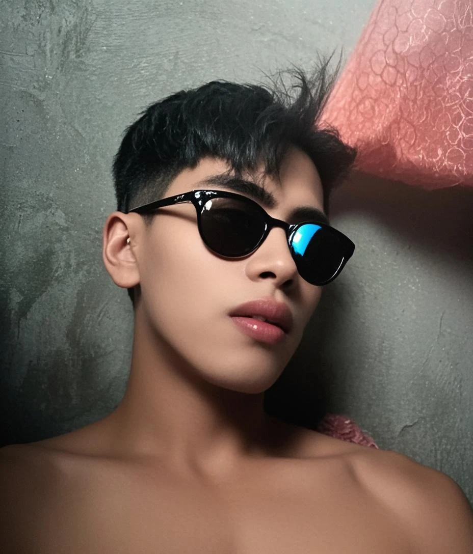A handsome 20 year old Korean man with messy hair wearing shiny blue-green glasses with anti-UV radiation, shirtless and shorts, there are several pictures of reddish brown lips on his neck, in the background of an elegant room
