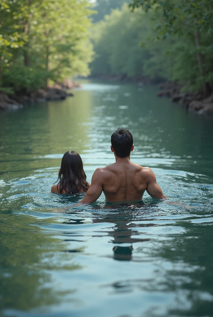 A couple taking a river bath together, half the body submerged; the woman is Lily Collins with black curly hair, simple medieval white dress; and the man is Neels Visser blond-haired, shirtless; The two are swimming together in a river with waterfall and water is crystal clear, has a forest, with fish swimming extraordinary and detailed image.