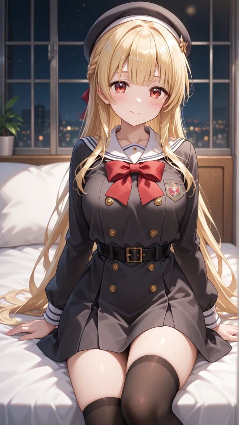 masterpiece, highest quality, hd, 4k, ultra high resolution, extreme details, Super detailed, 1 girl, 1 girl, isuzusento, isuzu sento, Ahoge, brown eyes, light brown hair, long hair, ponytail, hair ribbon, ribbon, (Medium chest:1.2), black ribbon, black skirt, frilled skirt, frills, Jacket, Army uniform, pleated skirt, (red Jacket:1.5), skirt, Thighhighs, uniform, white Thighhighs, white ribbon, button, No sleeve, sexy panties, Full Body Shot, Bedroom, On the bed, bed, bed, bedroom, back view, look at viewer, Gigantic hips, Back Shot, back view, crawling position, looking back over the shoulder, Back Pose, backwards pose, show your butt, stick out your butt, Buttocks emphasis, butt up, (embarrassed look:1.5), big breasts, thigh, Ahegao, blush, Shyness, highly detailed face, perfect sentence, Detailed CG, (perfect hands, perfect anatomy), (white panties:1.5), Angle looking up from below、realistic skin, shiny skin, shiny skin, professional lighting, sweaty feet,