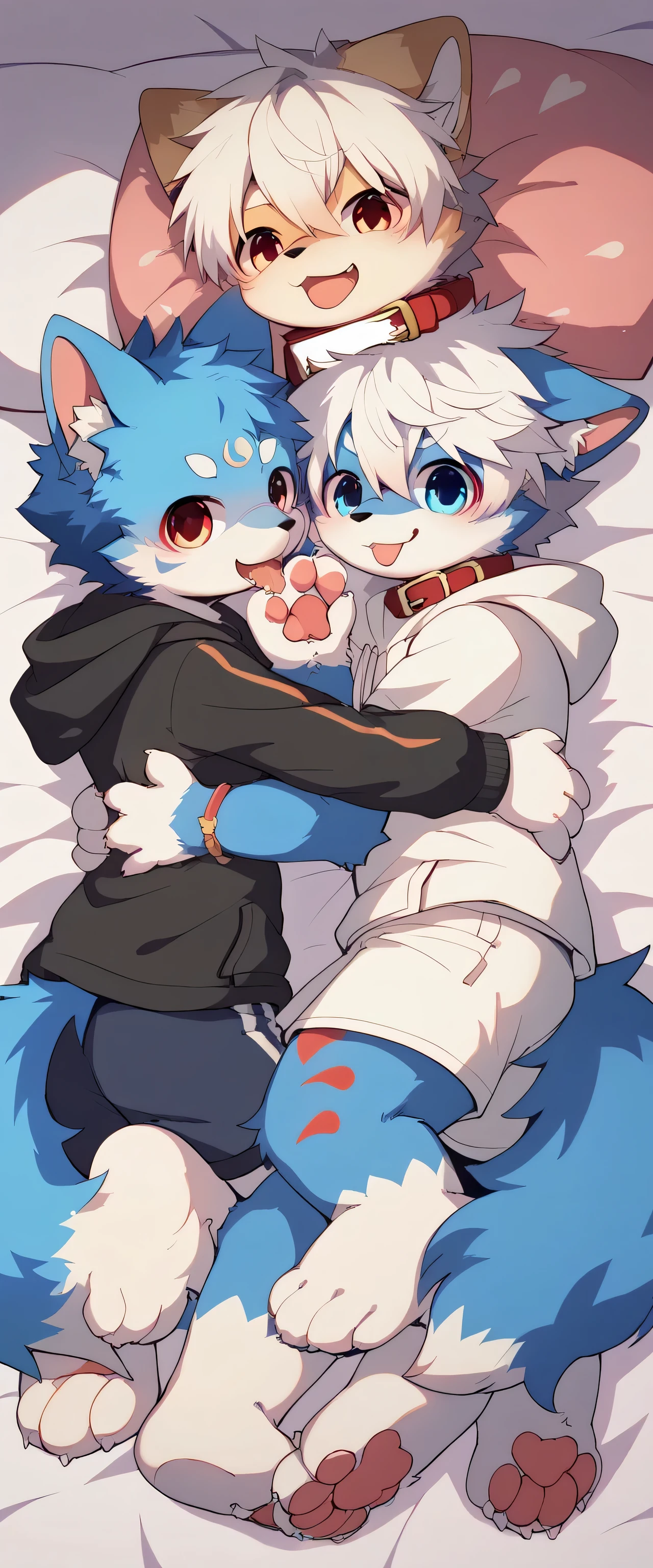   Very Detailedな,Very Detailed,White hair,濃いblue fur ,, male,blue fur, EXCITING,Participation,cute face,,あなたの脚Show me ,,Horny  maleの子,dog tail,,red collar on the floor,Cute ears,Licking hands, grooming,fluffy ears,hoodie,shorts,fluffy ears,Show me,私に猫の手Show me,red collar on the floorと紐を持っている,Two horses,brother,hugging(sitting on bed)cute fur ,Heart Eyes,Horny, male,Black Back,white background, 