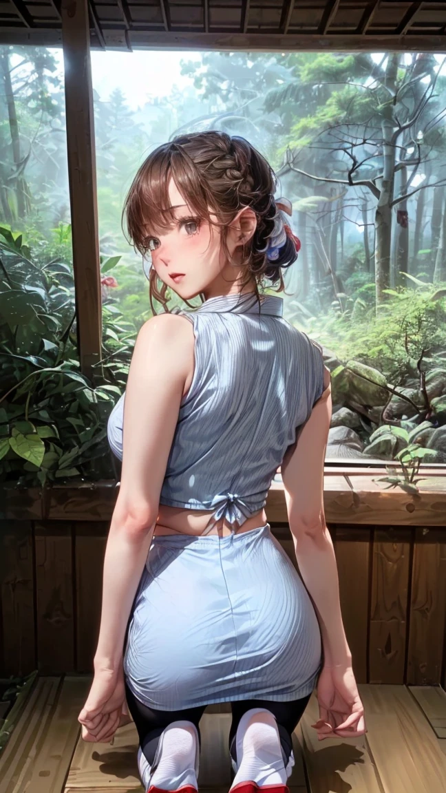 (((This photo was taken on a very bright white balcony.)))Clean and strong Japanese girl、((From behind her:1.8))((12 years old)、((Beautiful and neat face))、(big eyes)、Reality、detail,((turn around:1.Perfect pubic bone, 衣服detail, Red transparent pattern high collar jumpsuit，Red lace pattern half-length socks,Radiant skin、Spread your legs，Camel toe showing thigh!!!