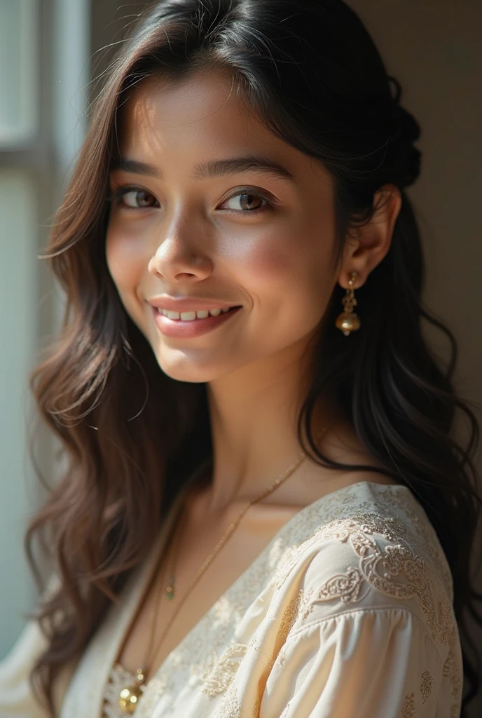 a portrait photo of a ((35_year_old woman)), light smile, looking at viewer,(( skp)) ,lingerie,average fleshy body, big cheeks, adult face, milfy body, ((normal size boobs)); full body
