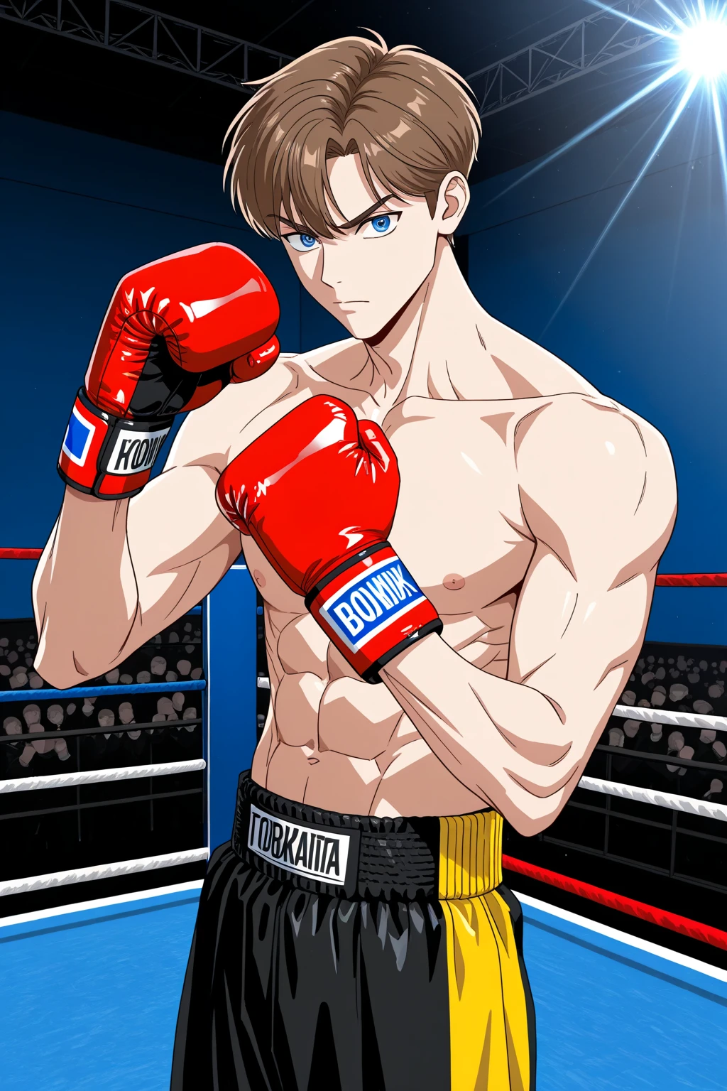 Boxing Match, aesthetic, A fierce boxing match, (best quality,4k,8k,highres,masterpiece:1.2),ultra-detailed,(realistic,photorealistic,photo-realistic:1.37) [intense], [sweat], [dust], [powerful punches], [dynamic movements], [focused expressions], [adrenaline rush], [boxing gloves], [boxing ring], [bright spotlight], [roaring crowd], [muscle definition], [boxing shorts], [grit and determination], [fast footwork], [knockout punch], [tense atmosphere], [boxing referee], [worn-out boxing gloves], [blood, sweat, and tears], [winning moment celebration], [boxing championship belt], [impactful blows], [gripping competition], [ring announcer], [cornermen], [boxing trainer], [bell rings], [boxing strategy], [boxing stance], [boxing uppercut], [boxing jab], [boxing hook], [boxing defense], [boxing offense]