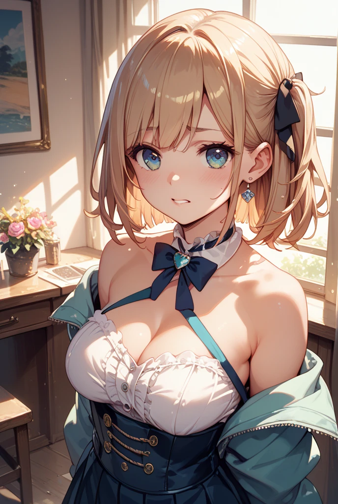 (best quality), (Super detailed), (Best Illustration), (woman), look at viewer, {(wizard robe:1.2), (show off bra:1.3)}, (large breasts), {(detailed eyes), (heart-shaped pupils), blue eyes}, {brown hair, (sideburns), (bob cut:1.3), curly hair, hairs between eyes, colored inner hair}, blush, earring, hair band, Lost City