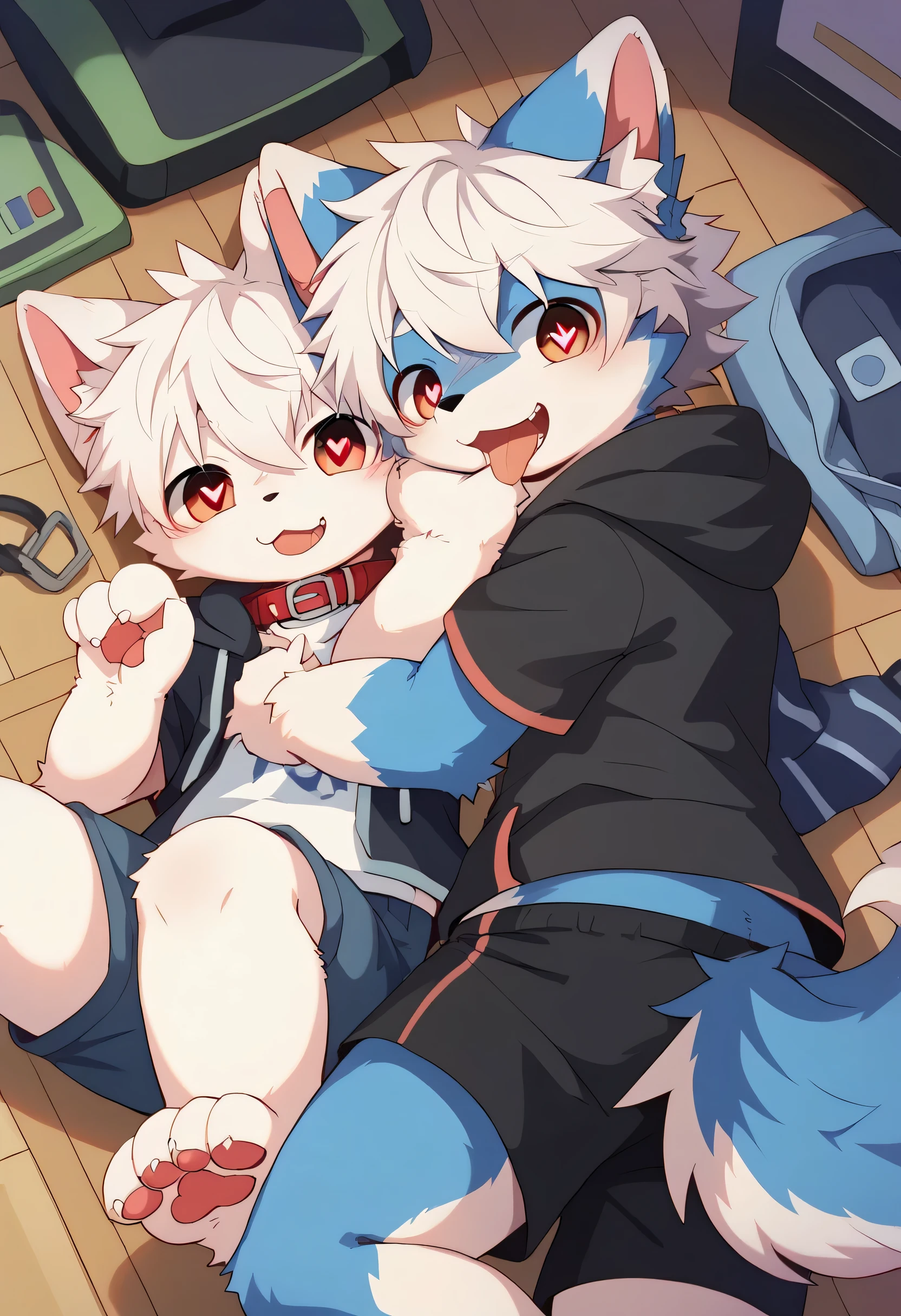 Very Detailedな,Very Detailed,White hair,濃いblue fur ,, male,blue fur, EXCITING,Participation,cute face,,あなたの脚Show me ,,Horny maleの子,dog tail,,red collar on the floor,Cute ears,Licking hands, grooming,fluffy ears,hoodie,shorts,fluffy ears,Show me,私に猫の手Show me,red collar on the floorと紐を持っている,Two horses,brother,cute fur hugging ,Heart Eyes,Horny, male,Black Back,white background,