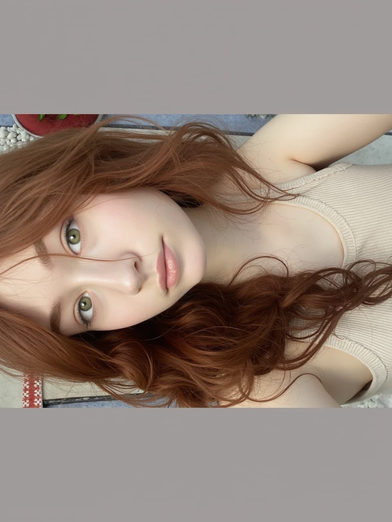 Hot girl, red hair, green eyes, black clothes, licking your own fingers