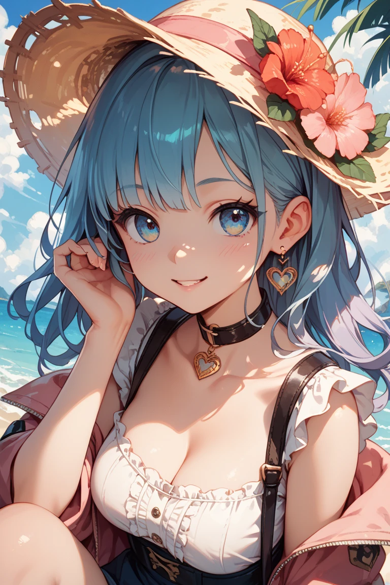 (masterpiece:1.3), (best quality:1.3), high resolution,
couboy shot,
leaning forward, breast squeeze, body facing forward,
(one cute girl:1.3), solo,
white skin, small Breast, eight-headed person,
light blue hair, (bobbed hair:1.2), (short hair:1.2), (blunt bangs:1.2), beautiful hair, blue eyes, beautiful detailed eyes,
blush, open mouth, heart, cheerful smile,
one piece dress, frill, straw hat, earrings,
ocean, beach, the devil's chair, castle of the demon king, flower garden, natural park,
shadowlighting,