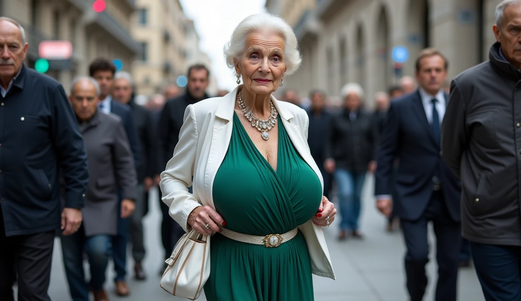 (Gorgeous and Glamour woman 70yo with gigantic breast running in the city, she's a lawyer, (vibrant green elegant chiffon dress with a deep neckline:1.4), red lips, (((saggy busty breast))), generous cleavage, realistic photography