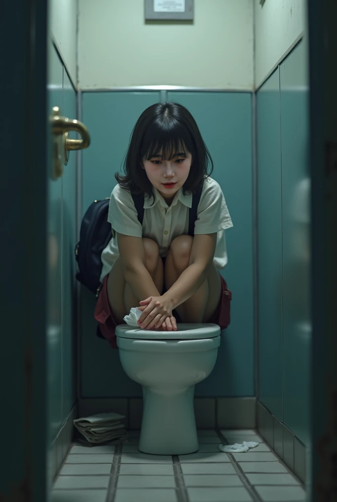 (photorealism:1.2), beautiful Japanese school girl, sitting on squat toilet and diarrhea,camera set under her ass with nasty diarrhea, wearing Japanese student girl uniform ,short curly hair, diarrhea in back round, dirty toilet, realistic, intricate details, by Greg Rutkowski, by Alphonse Mucha