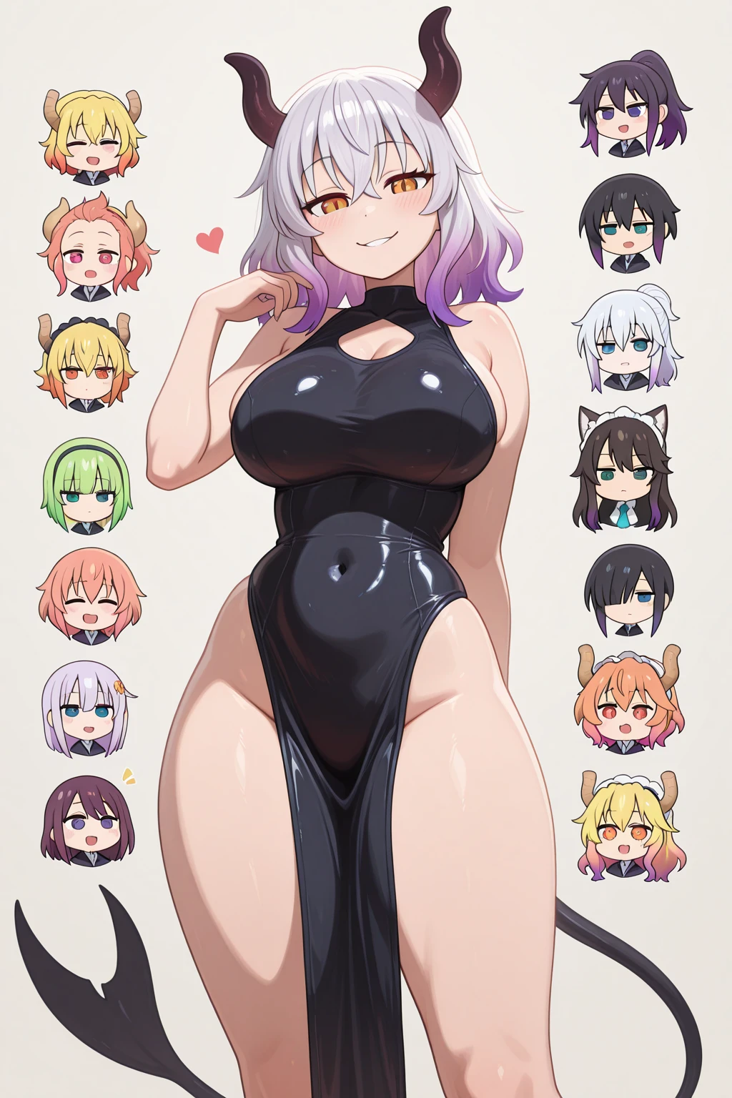 3 girls, variety of hairstyles, ((white background)), full body, multiple views, succubus, dragon horn, thong, shrug, leotard, cleavage, short tie,