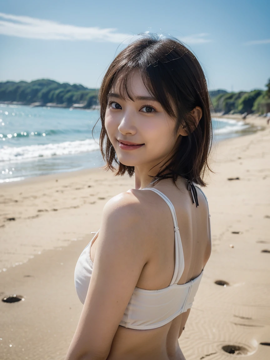 White Bikini:2.0, Japanese Girls, (White skin:0.1), The body is frontal、looking at the camera、Windに揺れる長い髪,very thin body,Winter Sea、Small breasts、Thin chest、(Fine skin:1.4), Realistic, Film Grain, Strike a Pose, Wind,(Put your hands behind your head:0.8),