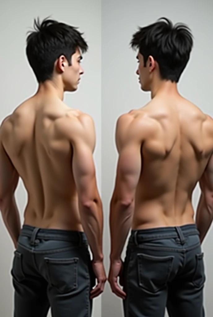 Two handsome slim shirtless men in black pants against the wall, one raising his arms up, the other touching the wall in the opposite direction