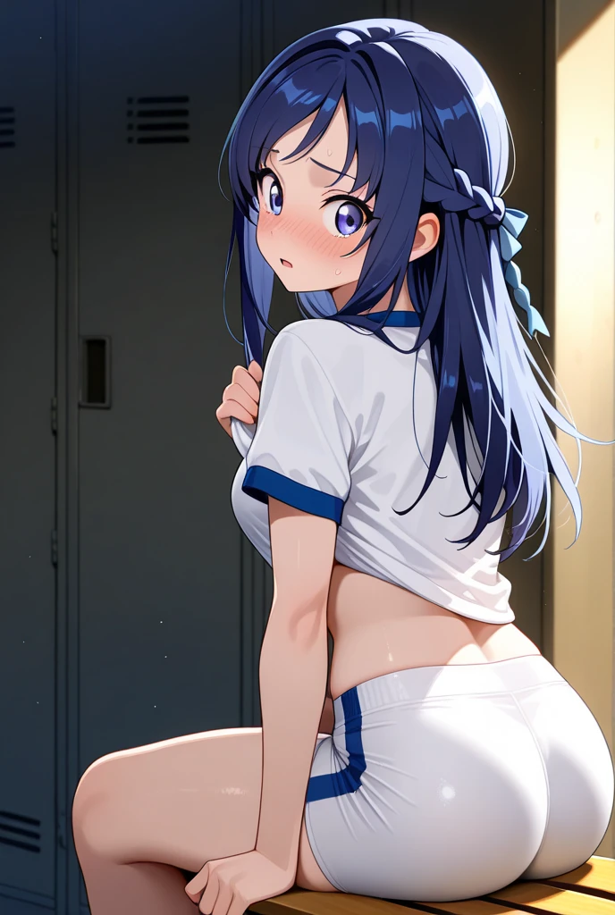 make me an anime girl, do her with long blue hair, with a white and blue striped jacket, white skirt, with huge tits and giant ass, and of small stature