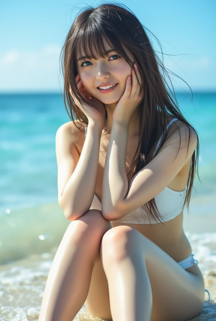 (Summer beach、Sitting by the beach、Sit with your legs apart、Spread your legs:1.2、Resort、Blue sky、Beautiful sea)、(White dress:1.4、Mini dress:1.3、Wearing a straw hat、Sandals、Detailed lace panties:1.3)、(Realistic、Like a photograph、Live Action、8K, Photorealistic, RAW Photos, Best image quality: 1.4), Single-lens reflex camera、RAW Photos, Highest quality, Realistic, Highly detailed CG Unity 8K wallpaper, Written boundary depth, Cinematic Light, Lens flare, Ray Tracing, Realistic background、((Ultra-dense skin))、 One teenage girl traveling to Okinawa,Cute Japanese Woman、((whole body:1.5),Look away:1.1、Straight long hair:1.2、I like that style、Stylish、Very detailed、Pay attention to the details、The perfect outfit、(White skin)、Beautiful legs:1.1,View from below、Accurate hands、Accurate legs、Detailed hand and fingers、Anatomically correct body、Arms and legs don't mix