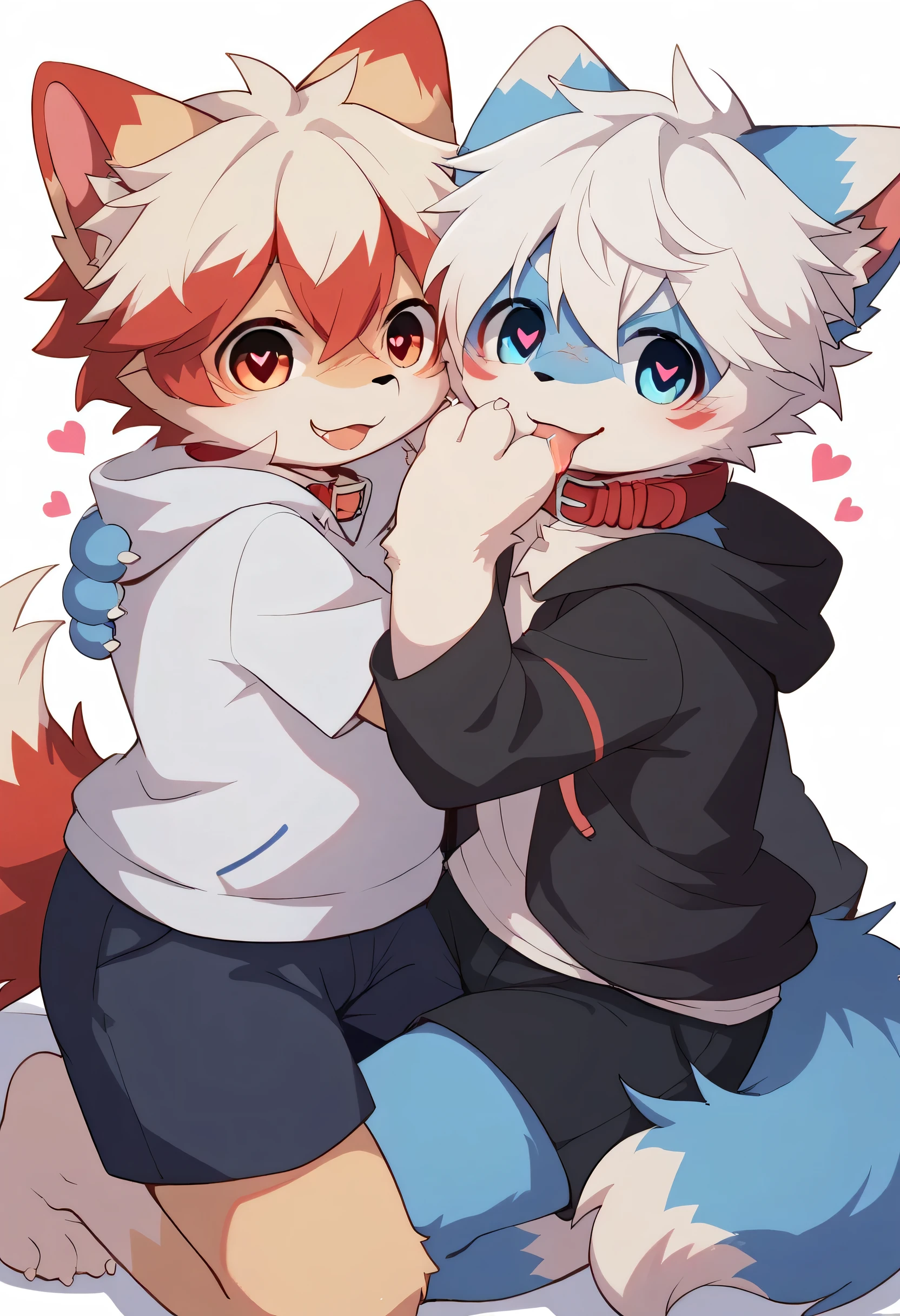   Very Detailedな,Very Detailed,White hair,青色brother,濃いblue fur ,, male,blue fur, EXCITING,Participation,cute face,,あなたの脚Show me ,,Horny  maleの子,dog tail,,red collar on the floor,Cute ears,Licking hands, grooming,fluffy ears,hoodie,shorts,fluffy ears,Show me,私に猫の手Show me,red collar on the floorと紐を持っている,Two horses,brother,hugging cute fur ,Heart Eyes,Horny, male,Black Back,white background, 