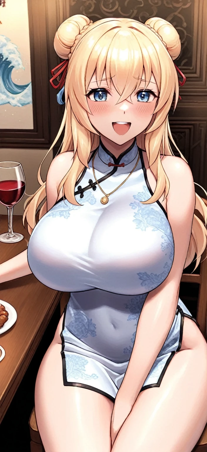 Cristalina, 20 years old, long blonde hair, light lilac eyes, huge breasts, wearing an open white dress with a glass of wine, being at the prince's ball with an evil look.hentai