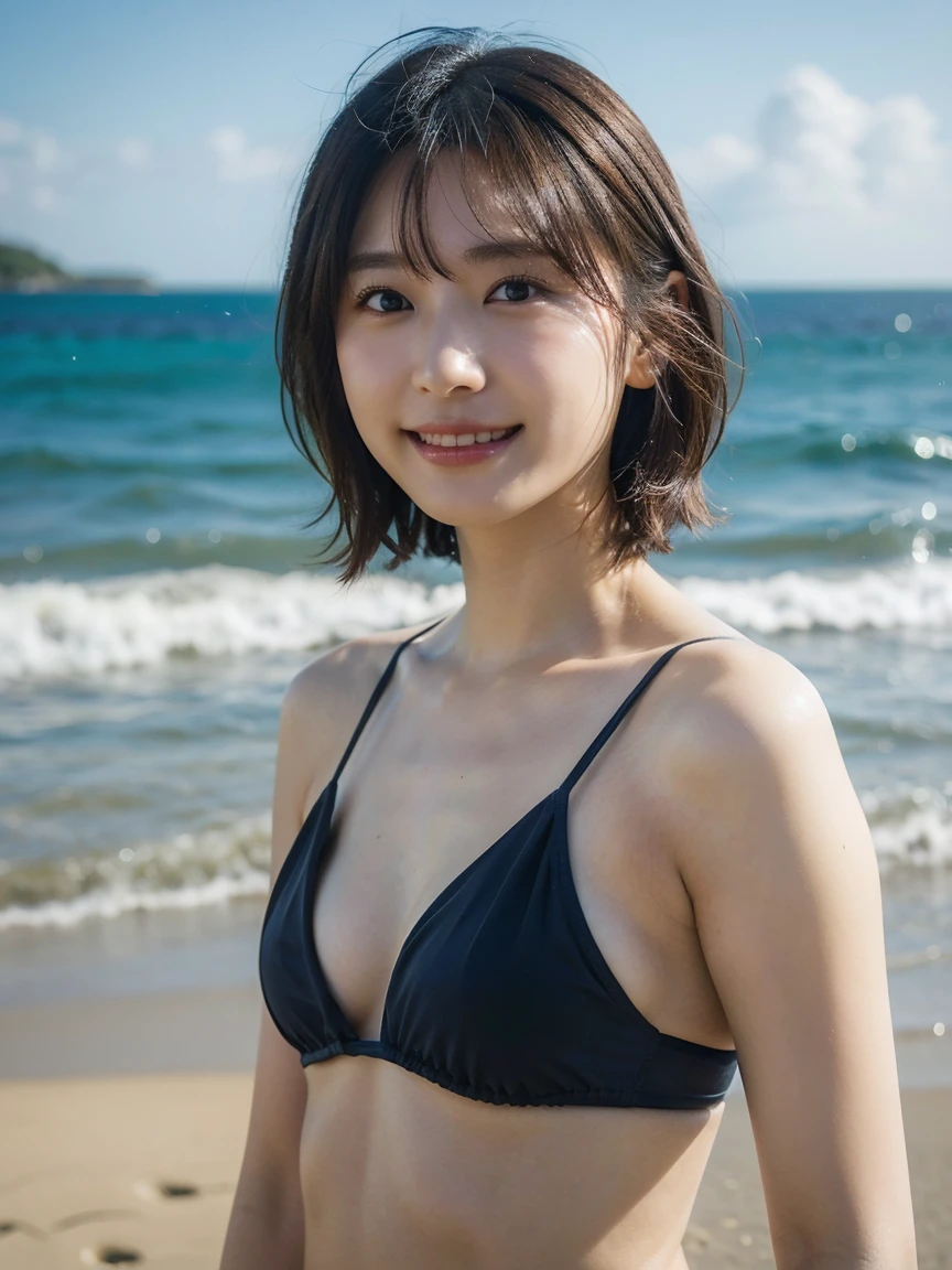 (Gray background:1.5、Close Shot:1)、(Photorealsitic:1.4)、(top-quality:1.0)、(超A high resolution:1.0)、8K、RAW Photography、(masterpiece:0.2)、1 female、Beautiful skins、Detailed skin、A big smile、tusk、(short-hair:1)、(swim wears:1.2)