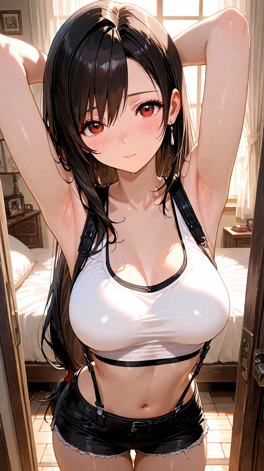 (highest quality, High resolution, perfect pixel, written boundary depth, 4k, beautiful anime girl),
looking at the viewer,
perfect body,
tifa ff7, black long hair, red eyes, ,
large breasts,
(white tank top), black skirt,
(blush, sweat:1.3),
(concrete wall, handcuffs, first round),