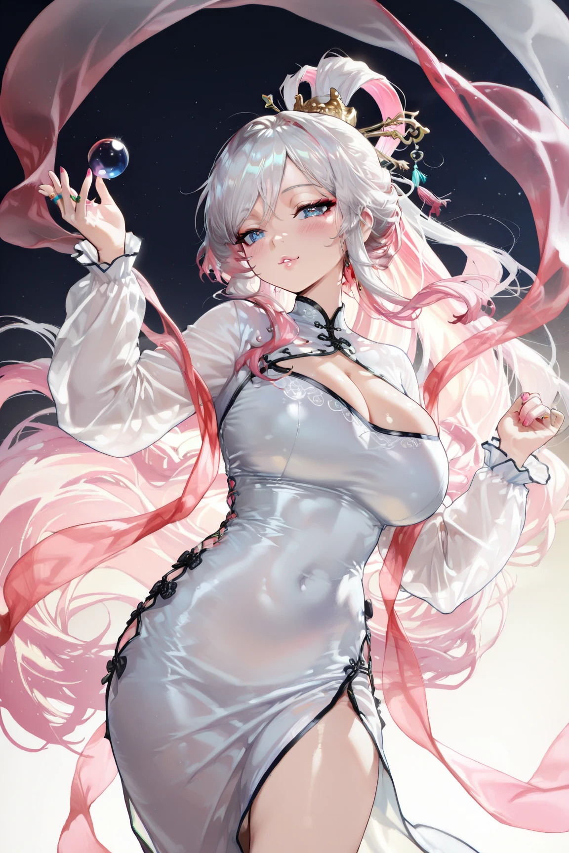 Blush, ((((White color blouse)))),  white long boots, (on top of the bed), Kneeling, D-cups, White hair, ahoge, Heart-shaped pupils, blue color eyes, (((((cat ear))))), is shy，White gloves， torogao, Reflectors, Yandere, anime big breast, Chiaroscuro, Ray tracing, shadowing, hyper HD, Masterpiece, Accurate, Anatomically correct, Textured skin, Super detail, High details, High quality, Award-Awarded, Best quality, A high resolution, 16k，(There is love around you)，((((Tempting))))，((Get wet，semi transparent))，no extra limbs，((a white choker))，((Stick out her tongue，White liquid))