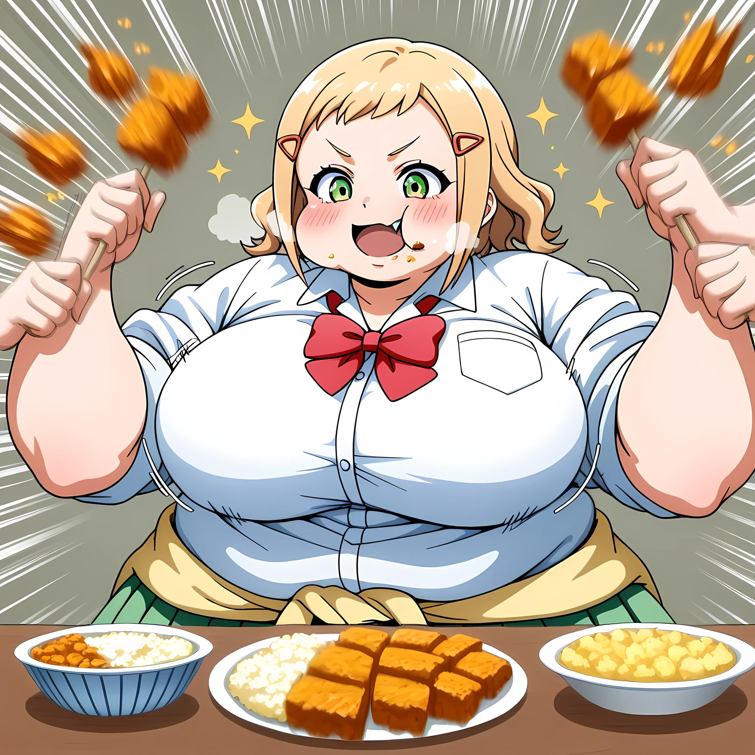 solo, 南 小陽(Watamote), minami koharu, blond hair, green eyes, fang, smile, sparkle,, large breasts,white shirt,red bow,sleeves rolled up,sweater around waist,pleated_skirt,BREAK, tones of food, rush with food,food rush,multiple hands with food, multiple food,,hands with food,(motion_blur:1.2),(motion line:1.1),speed_lines, fat, chubby, obese, gigantic arms and legs, large breasts open mouth, out of breath eating food, blush, embarrassed, pov face, upper body, puffy cheek, food in mouth,