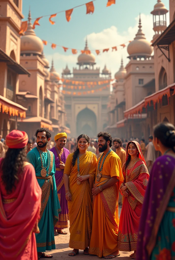 A vibrant and diverse celebration of Hindus and Sikhs coming together, with colorful traditional attire and joyful expressions. 4k image, realistic, perfect faces, flawless, insane details, (royal court in the background, richly adorned palace in the background)