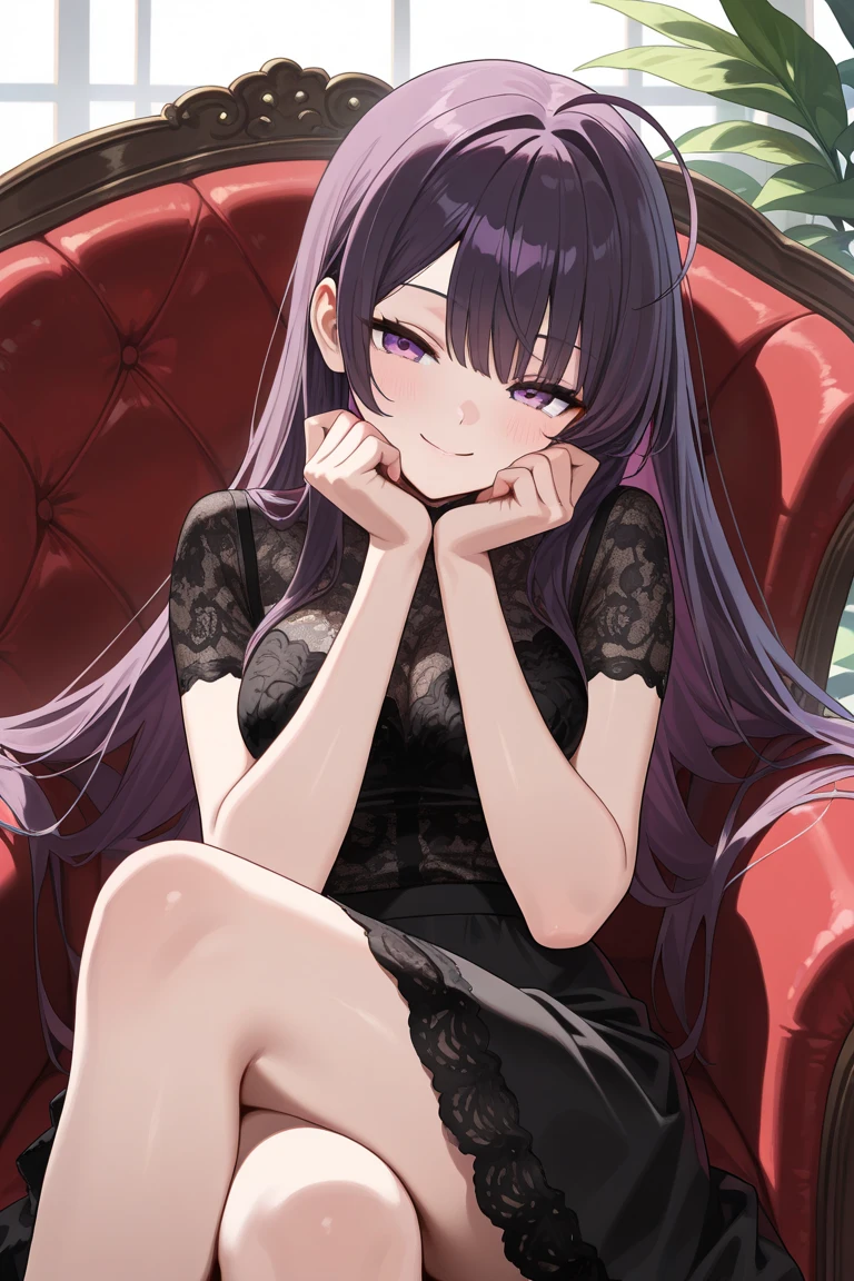 yuukikonno, Yuki Konno,Long Hair, tiara,Pointed Ears, Purple Hair, (Red eyes:1.5), (Small breasts:1.2), smile,Purple Dress,Purple long skirt,purple stiletto heels,Sleeveless,Expose your shoulders,Bare arms,Bare neck,bare clavicle,She is sitting in a chair with a large bouquet of flowers in both hands..,There is a big cake on the table,Heart Necklace,Tears stream down her face,Tears of joy,I cry a lot,whole bodyがイラストに入るように,
break indoors, Party Venue,on stage,
break looking at viewer, whole body,
break (masterpiece:1.2), highest quality, High resolution, unity 8k wallpaper, (shape:0.8), (Beautiful details:1.6), Highly detailed face, Perfect lighting, Extremely detailed CG, (Perfect hands, Perfect Anatomy),