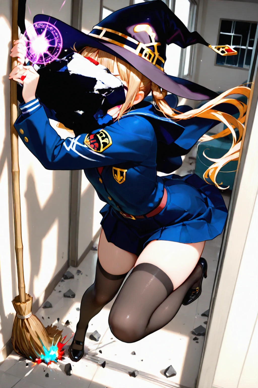 masterpiece, high quality, bbcaster, mature woman, long hair, double tail, beret, blue hats, green eyes, bow tie, no dress, long sleeves, black gloves, buttons, double breasted, blue belt, black pantyhose, thick body, rear view , looking at viewer, huge ass, focus on ass, show ass, black thong, pantyhose lines under pantyhose