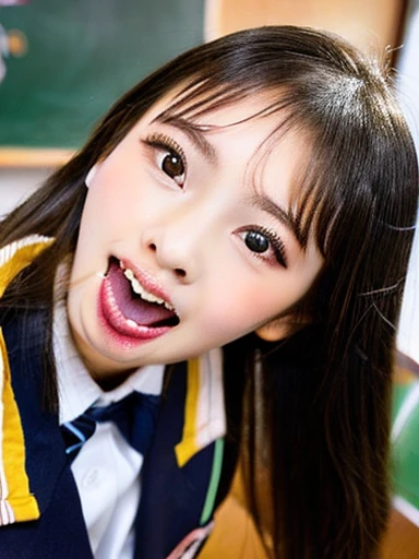 ,Short sleeved white shirt,Grey checked tie,Grey checked mini skirt,Navy blue socks,open mouth,tongue out,cum on tongue,Sitting on a black sofa,looking ahead,from above,flont view,face focus,open mouth,tongue out,(1girl,Beautiful 14 year old girl),((Slender,Small breasts,Small face,)),looking at viewer,Black Hair,bangs,Row Twin Tails,Beautiful and detailed,Mischievous smile,Hands under the chin,Dimly lit room,Simple Background,Black background,