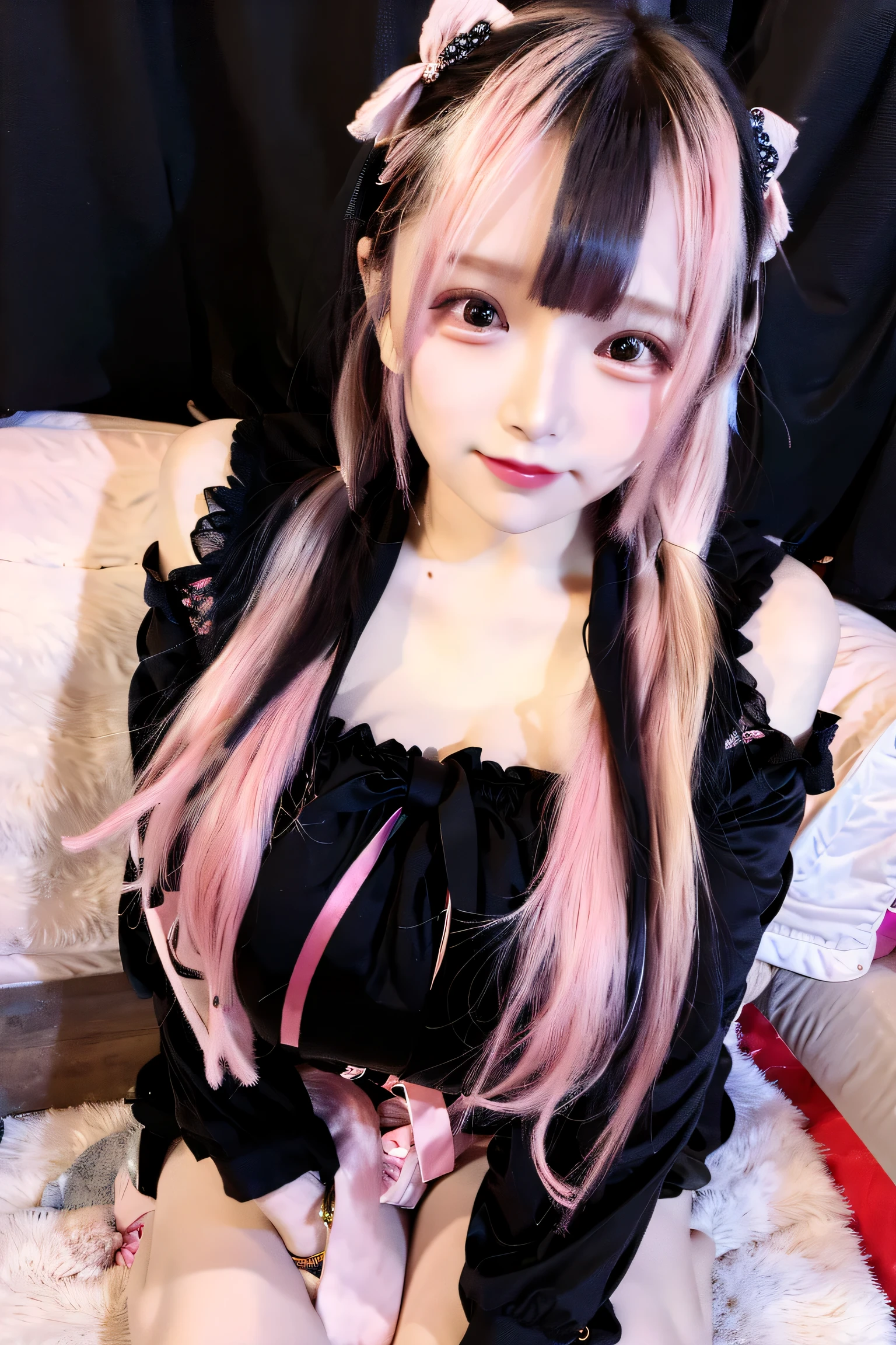 18 year old beautiful girl, big eyes, gigantic breasts, and slender, 8K, top quality, (very detailed head: 1.0), (very detailed face: 1.0), (very detailed hair: 1.0), very detailed official artwork, anime moe art style, clean detailed anime art, smile, pink and black braided hair with pink big bow, on bed, Jirai Kei/Landmine Fashion, frilly pink shirt, black skirt, black ribbon, gigantic breasts:1.8,