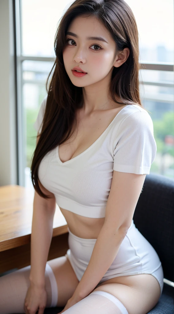 Photorealistic、Masseter muscle area、Highest quality、High resolution、RAW Photos、Realistic、Bright lighting、Face Light、Smooth Professional Lighting、Japanese women、 Lady、Beautiful woman、Modeled、gravure、Sexy、so beautiful、Realisticで美しい肌、Beautiful and detailed、Detailed face、slim、Medium large breasts、Short Medium Hair、Brunette color hair、The eyes are brown、Lift up your skirt、I can see your pants、T-Shirts
