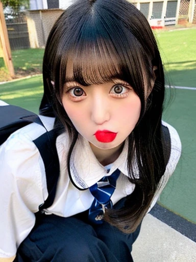 ,Short sleeved white shirt,Red tie,Navy blue mini skirt,Navy blue socks,open mouth,tongue out,cum on tongue,standing,slouch,Selfie,looking ahead,from above,flont view,upper body,(1girl,Beautiful 14 year old girl),((Slender,Small breasts,Small face,)),looking at viewer,Black Hair,bangs,one side up,Beautiful and detailed,Mischievous smile,Dimly lit room,Simple Background,Black background,Low lighting
