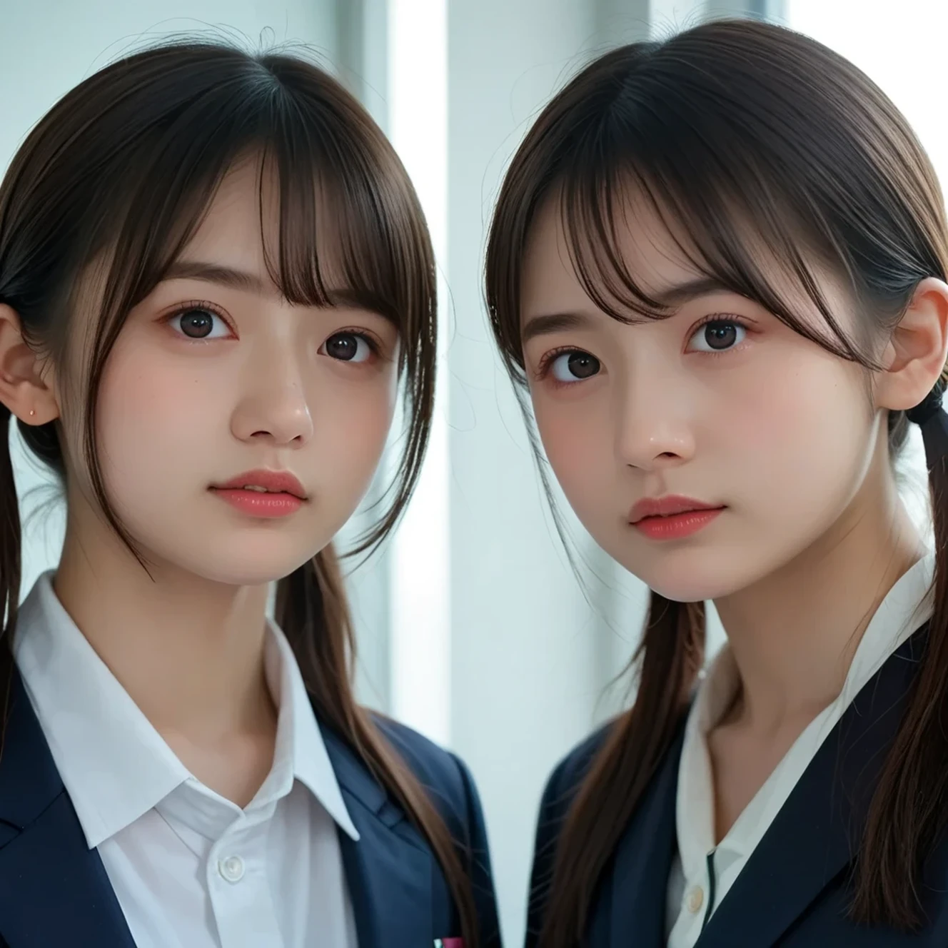 ((Top Quality, 8K, Masterpiece: 1.3)), 1 Girl, Slim, (Hairstyle Casual, Big: 1.2), Pink Y-shirt, Red Tie, Dark Blue Blazer, Ultra Slender Face, Delicate Eyes, Double Eyelids, Smile, Classroom