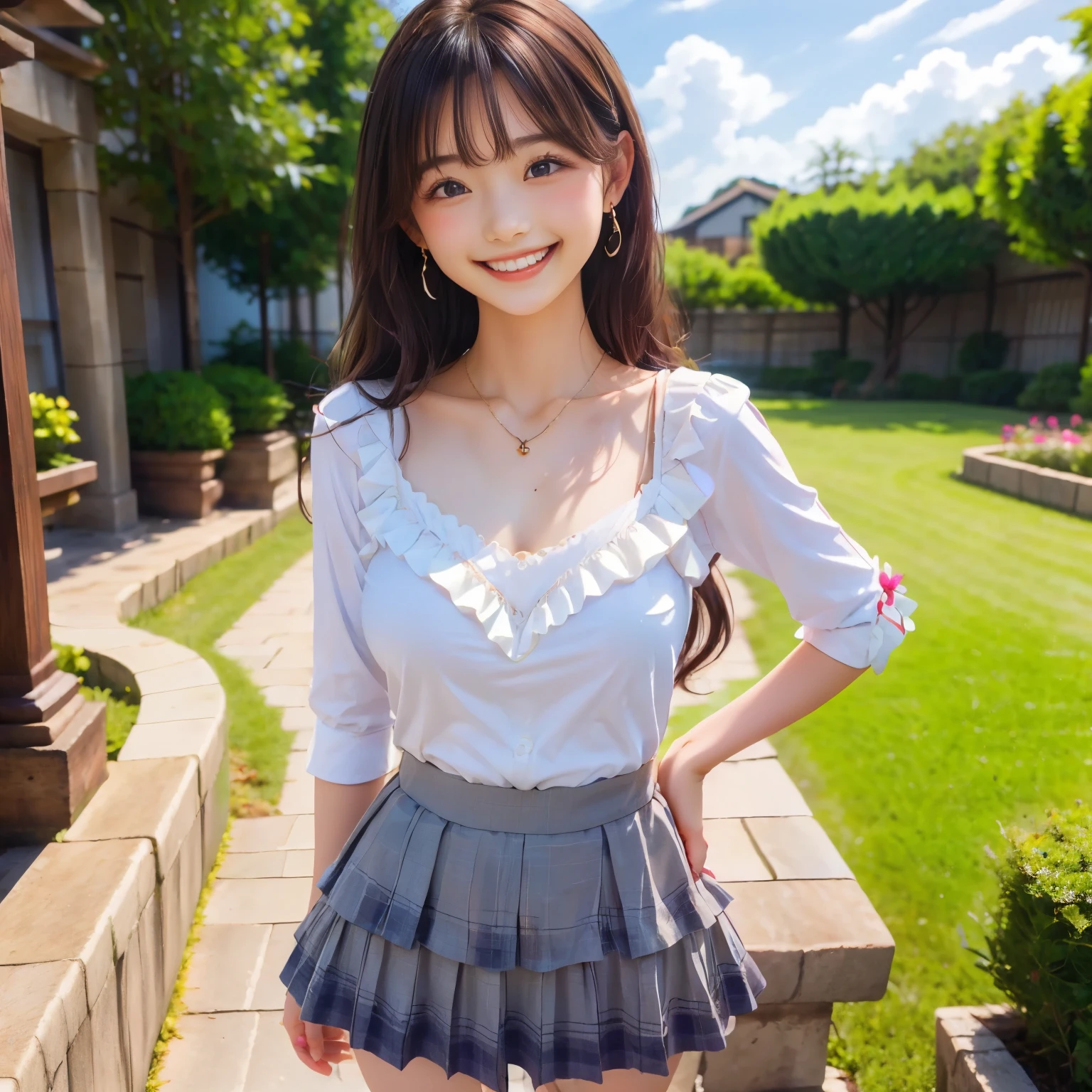 (masterpiece,best quality: 1.4),(8k,raw photo,photo realistic:1.2),shiny skin, detailed skin,detailed face,detailed eyes,Japanese idol,beautiful face,Park with flower beds,Blue Sky,Beautiful lawn,Beautiful girl,beautiful Japanese woman,Beautiful Like a Goddess,has a well-groomed face,(long hair,wave hair:1.4),(large breasts:1.3),hair ornament,necklace,earrings, (happy smile:1.4), (frill shirt:1.2), (tiered skirt:1.2),(black knee-high socks:1.2),(standing in a cute pose),