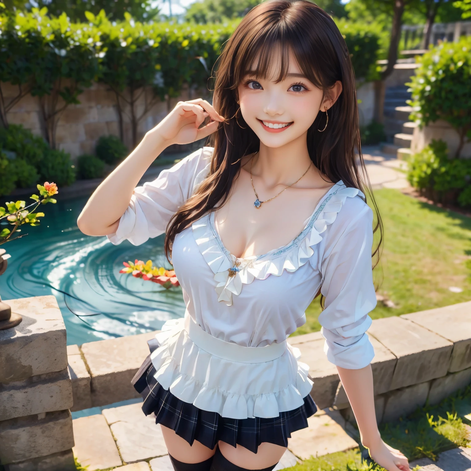 (masterpiece,best quality: 1.4),(8k,raw photo,photo realistic:1.2),shiny skin, detailed skin,detailed face,detailed eyes,Japanese idol,beautiful face,Park with flower beds,Blue Sky,Beautiful lawn,Beautiful girl,beautiful Japanese woman,Beautiful Like a Goddess,has a well-groomed face,(long hair,wave hair:1.4),(large breasts:1.3),hair ornament,necklace,earrings, (happy smile:1.4), (frill shirt:1.2), (tiered skirt:1.2),(black knee-high socks:1.2),(standing in a cute pose),