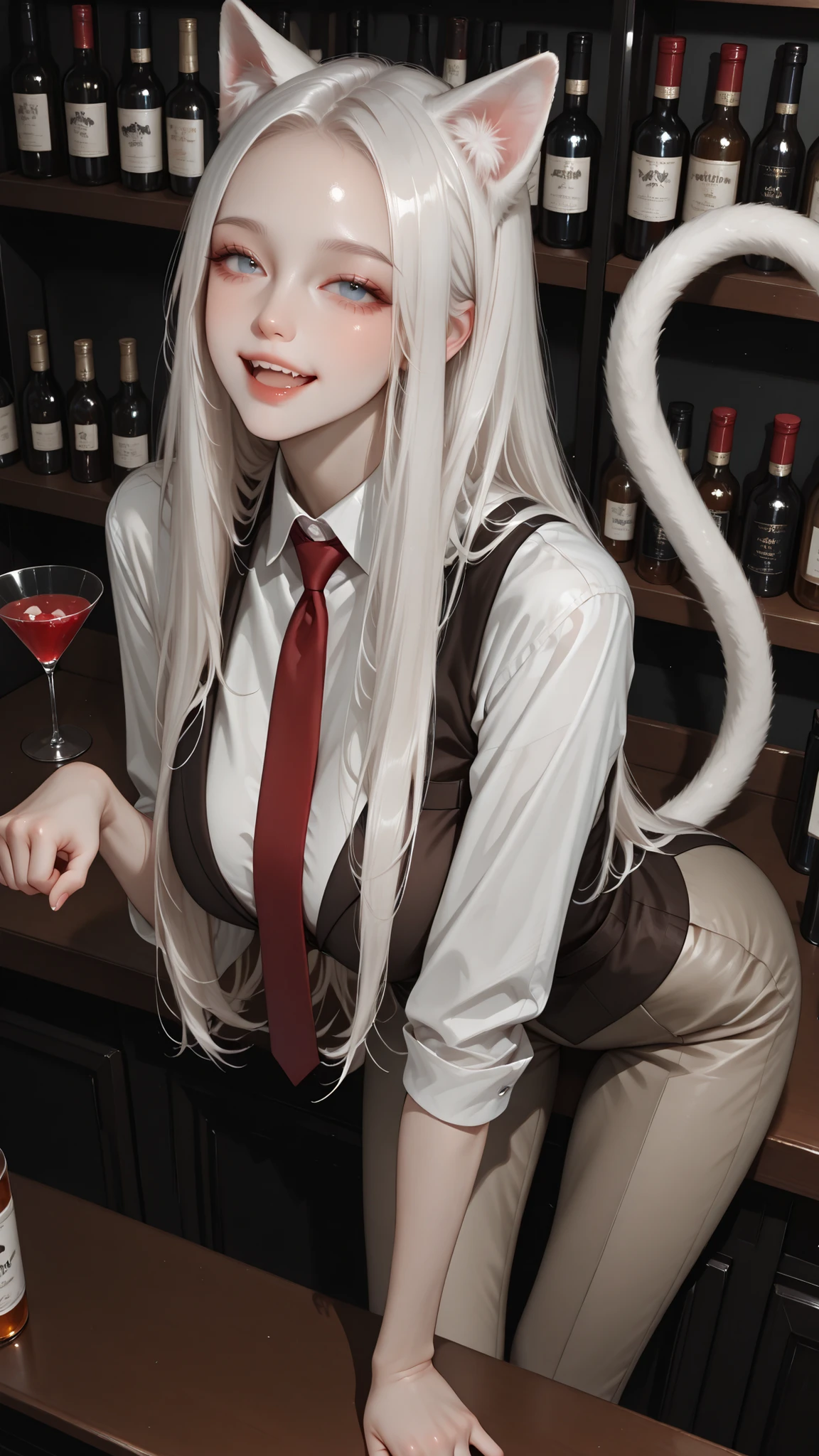 Frieren, twintails, earrings, small tits ,red shirt, open shirt, black leather vest, black leather pants, red boots, restaurant,