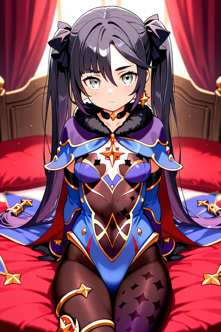 NSFW,Yuki Konno、Headband、Long Hair、Pointy Ears、Purple Hair、(Red Eye:1.5)、黒Thigh-high socks、Removable sleeves、Thigh-high socks、dress、紫色のdress、armor、紫色のarmor,Embarrassed,blush,(Perfect hands),(Perfect Anatomy),(masterpiece),(highest quality),Fantasy,inn,bedroom