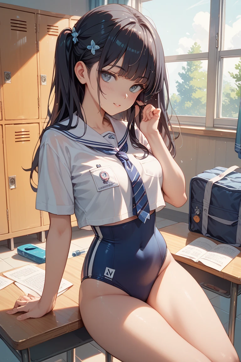 (((Dark brown skin))) Azur Lane Sailor suit School Swimsuit Black Hair sweat classroom Love juice