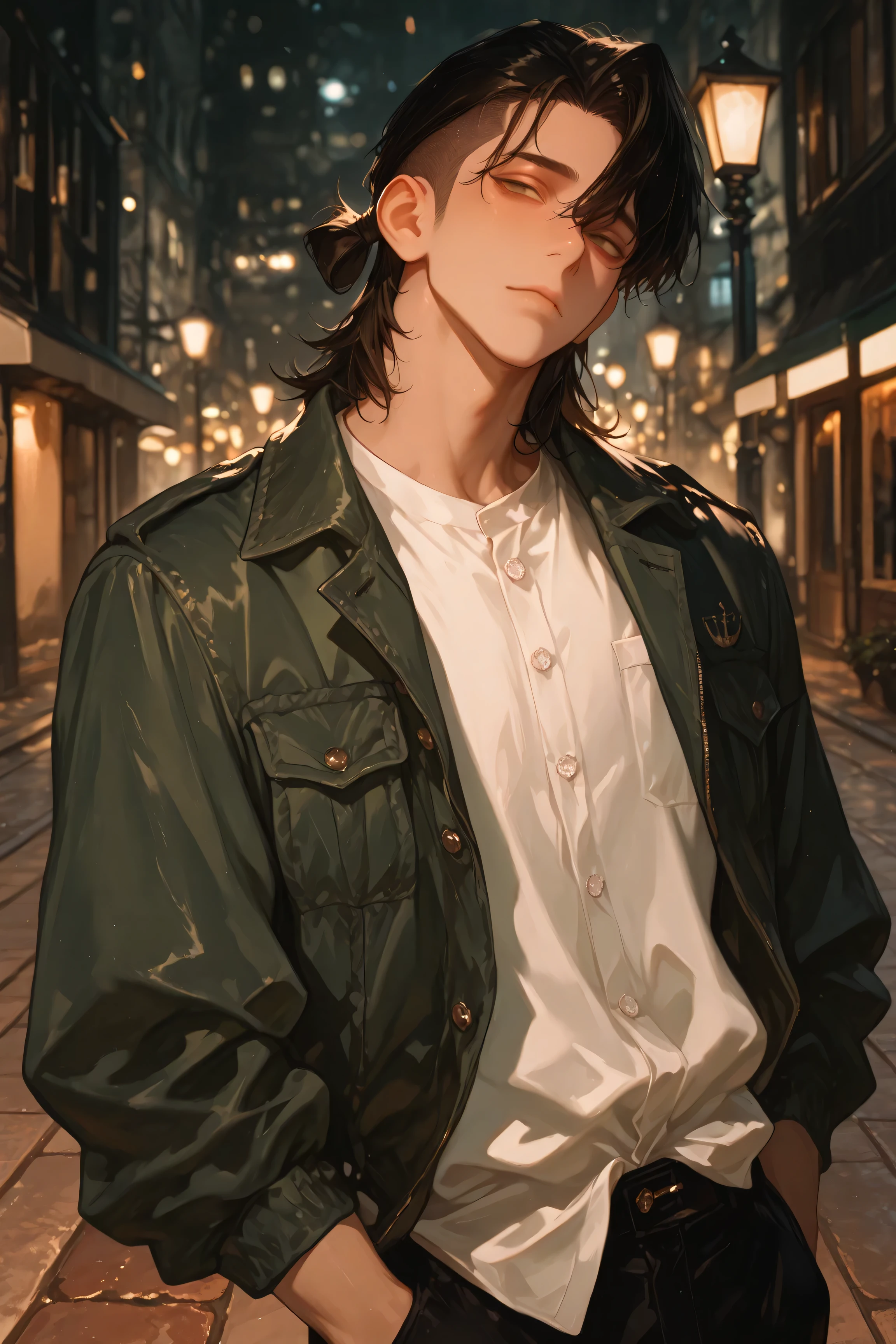 face, portrait, face focus, cowboy shot, neutral expression, looking at viewer, closed mouth, standing, 1boy, (femboy), relaxed posture, solo, pale, ((hazel eyes)), black hair, medium hair, ((tied back hair)), undercut, ((navy green jacket)), white button shirt, untucked shirt, black pants, casual fashion, (((detailed eyes,))) masterpiece, best quality, cinematic lighting, highly detailed, details, ultra quality, HDR, 8k, lazypos, amazing composition, dim lighting, sidewalk backround, urban town, street lamp, cozy background