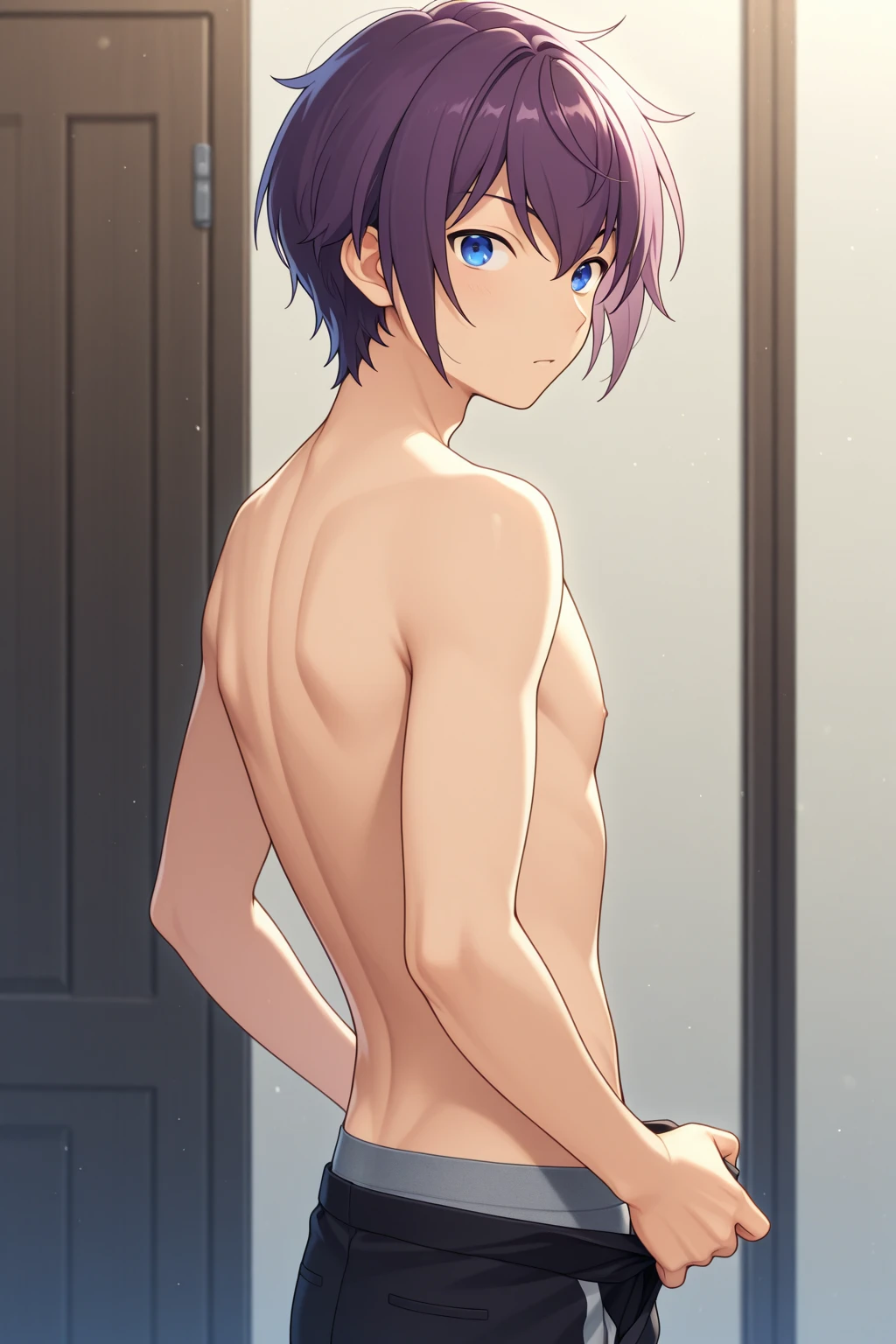masterpiece, best quality, high quality, 1boy, solo, male focus, looking at viewer, ass view, back view, ass, nice ass, looking back, , sueharu_maru, nude, naked, completely naked