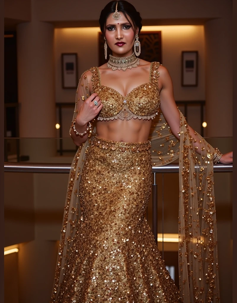 (masterpiece, 8k, highest quality, ultra detailed:1.37), (Nyla), 35 years old, (a sexy brown indian model: 1.3), (wearing a tight dress: 1.4), big stomach, cleavage, big  and ass, classy look, detailed skin texture, (instagram influencer: 1.4), Photorealistic, mind blowing