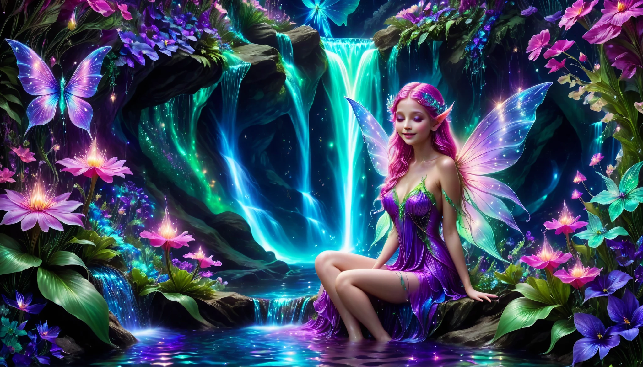 Shiny purple |Shiny pink|Shiny Turquoise Green｜Shiny Cobalt Blue|Shiny Purple｜blue waterfall amongst strange magic flowers, At night, glowing fairy lights , magic, High quality fairyland waterfall, Realistic Water, ripple, 8k,insanely detailed,so many flowers,(A cute fairy is bathing:1.5),