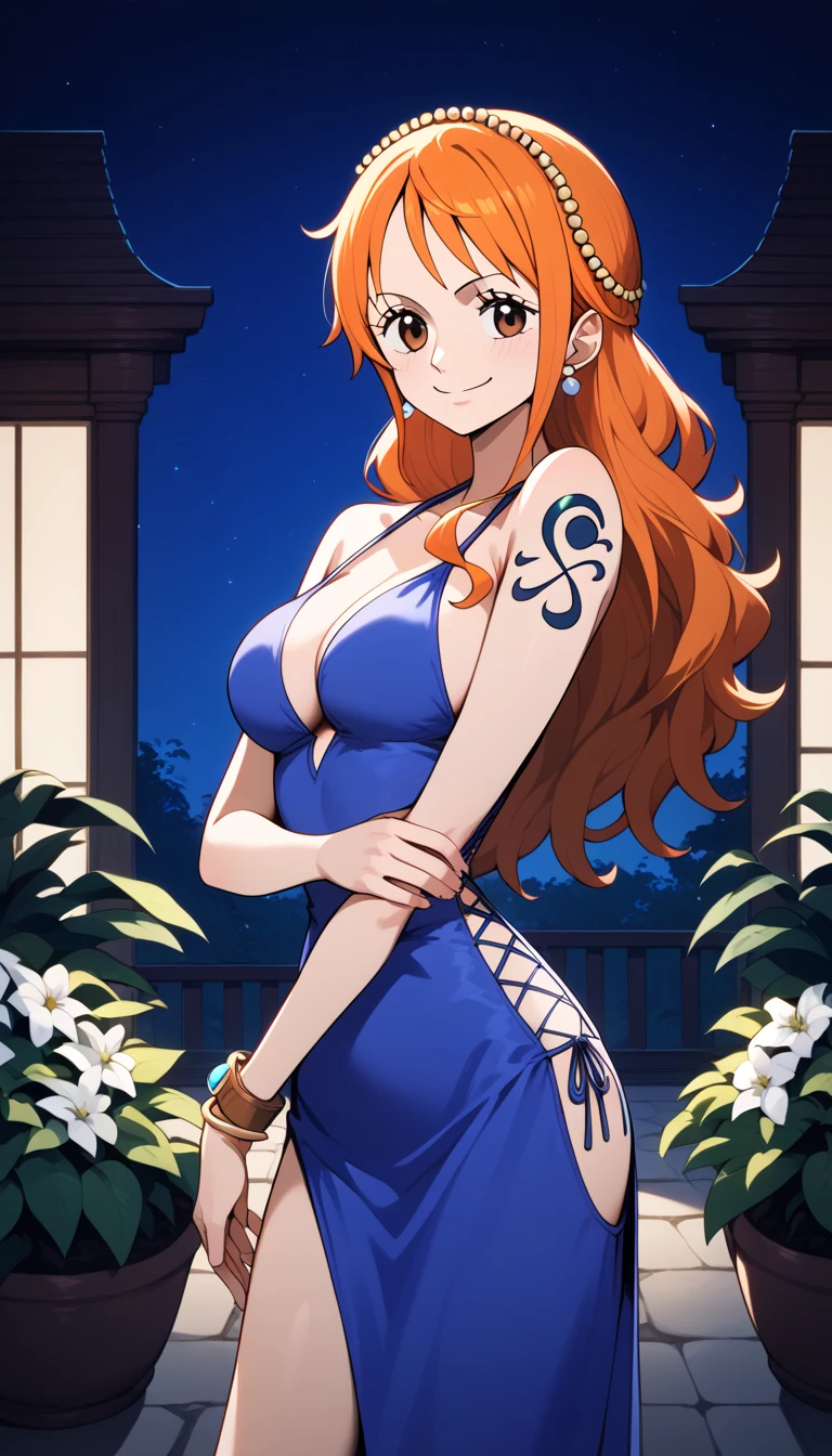 (masterpiece), best quality, (HD), (8k), 4k, HD, FULL HD,(((1milf:1.0))), extremely detailed, HDR, perfect face, nami (one piece), long hair, orange hair, (hair ornament:1.1), brown eyes, (jewelry:1.1), earrings, bare shoulders, shoulder tattoo, cleavage, blue dress, sleeveless, bracelet, pelvic curtain, side slit