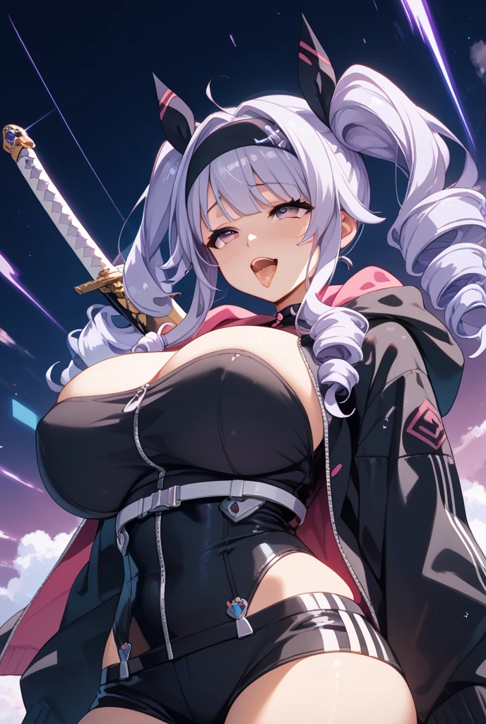 1girl, ahoge, simple background, black bow, black legwear, purple eyes, bow closed mouth, hair bow, haori highres, holding, holding sword, holding weapon, japanese clothes, katana, kimono long sleeves, looking at viewer, obi white hair sash, short hair, short kimono, solo standing, thigh-highs wide sleeves, high detail, detailed eyes, hdr, 8k, ultra realistic, nsfw, (beautiful detailed eyes), (detailedlight), ((intricate detail)), (highres), ((illustration)), (((masterpiece))), ((best quality)), (high resolution)
