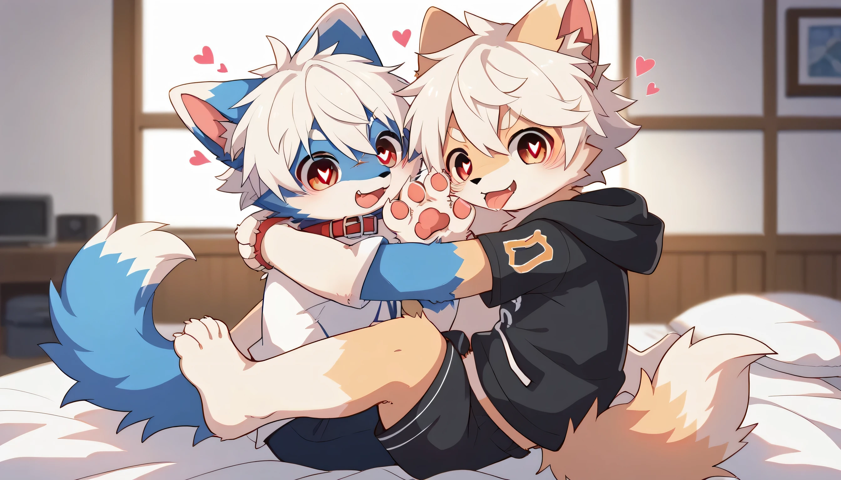   Very Detailedな,Very Detailed,White hair,濃いblue fur ,, male,blue fur, EXCITING,Participation,cute face,,あなたの脚Show me ,,Horny  maleの子,dog tail,,red collar on the floor,Cute ears,Licking hands, grooming,fluffy ears,short sleeve hoodie,shorts,fluffy ears,Show me,私に猫の手Show me,red collar on the floorと紐を持っている,Two horses,brother,hugging(sitting on bed)cute fur ,Heart Eyes,Horny, male,Black Back,white background, 