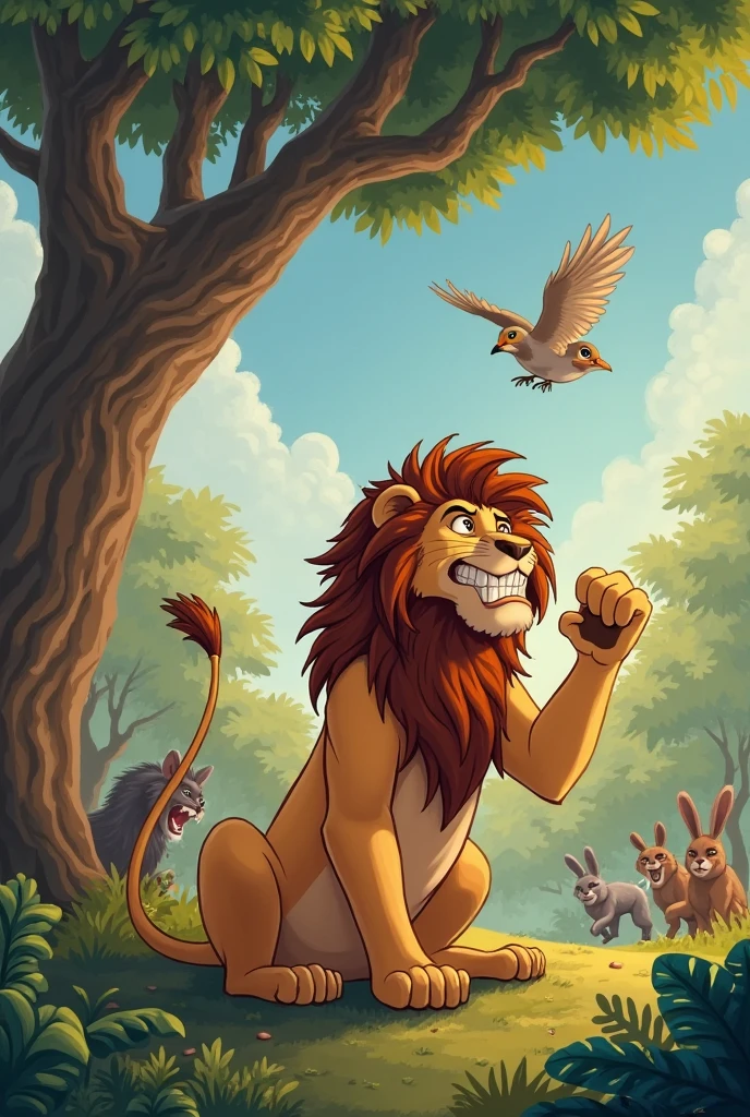 an animated image of a lion hanging an owl