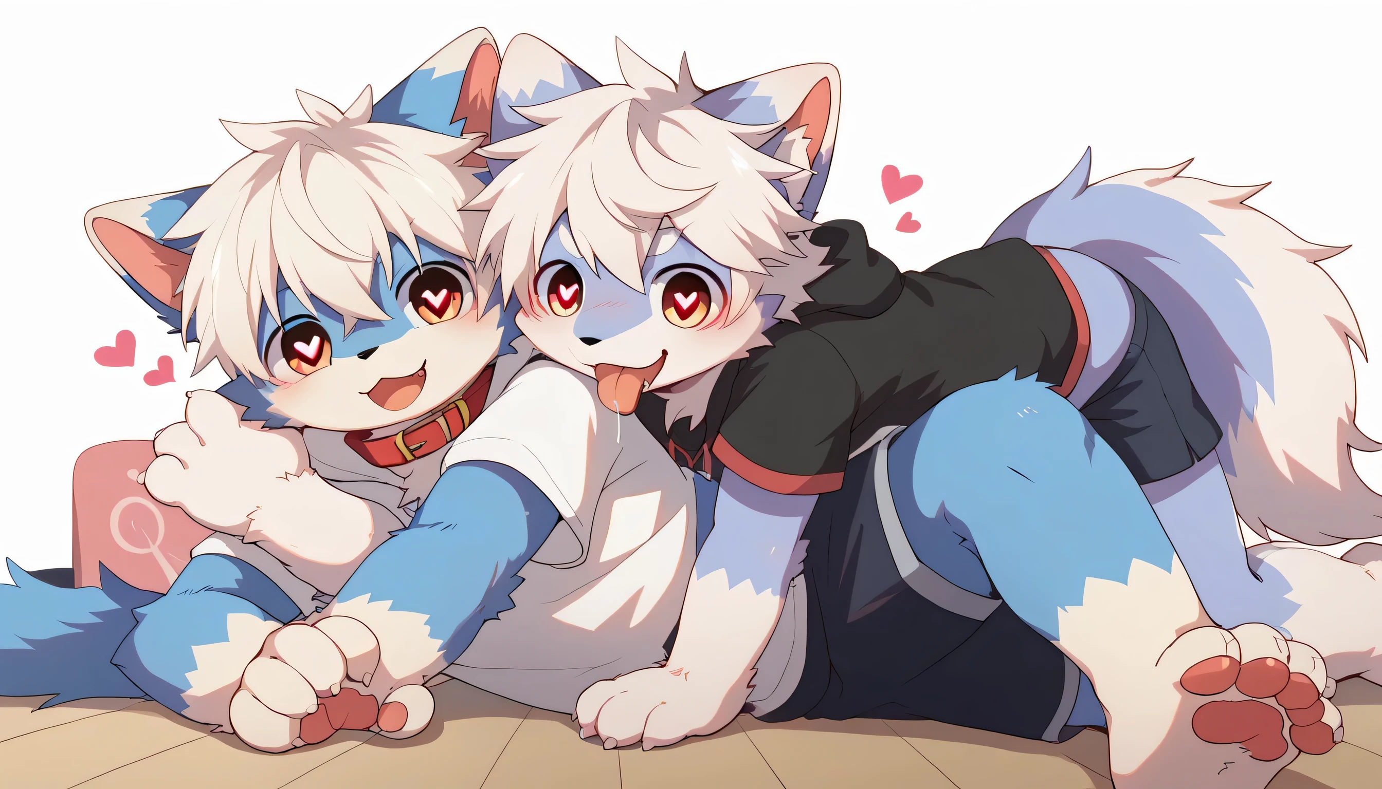 Very Detailedな,Very Detailed,White hair,濃いblue fur ,, male,blue fur, EXCITING,Participation,cute face,,あなたの脚Show me ,,Horny maleの子,dog tail,,red collar on the floor,Cute ears,Licking hands, grooming,fluffy ears,short sleeve hoodie,shorts,in the evening!Standing,fluffy ears,Show me,私に猫の手Show me,red collar on the floorと紐を持っている,Two horses,brother,hugging(座る毛皮のbrother)cute fur ,Heart Eyes,Horny, male,Black Back,white background,