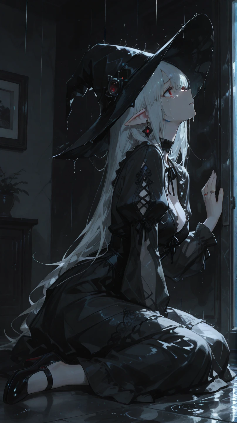 masterpiece, best quality,1girl,black dress,yellow eyes, light smile,breasts, lower body,wasteland,stars, hands on own knees,